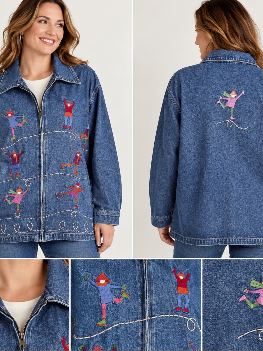 Life Style Vintage Denim Jacket Women L Embroidered Ice Skaters Winter 90s